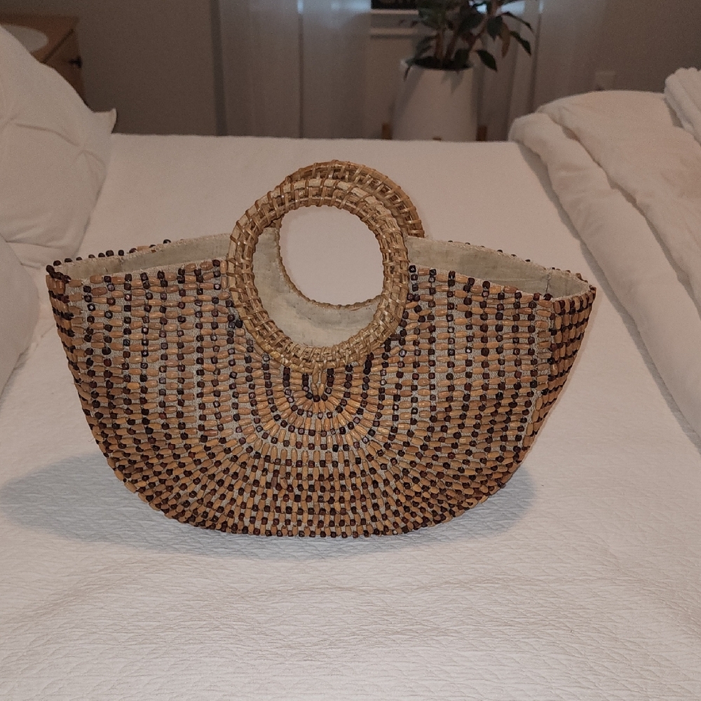 Anthropologie Beige and Brown Beaded Straw Circle-Handle Tote